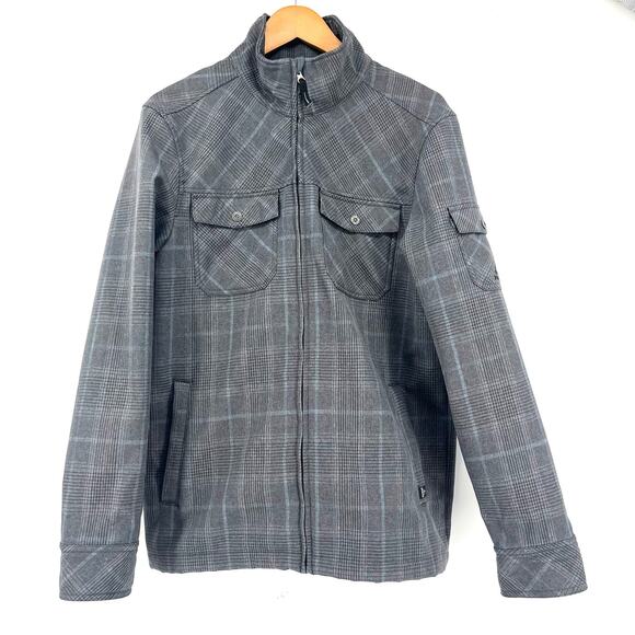 Prana Men's waterproof gray plaid tall collar zip front lined jacket (m)